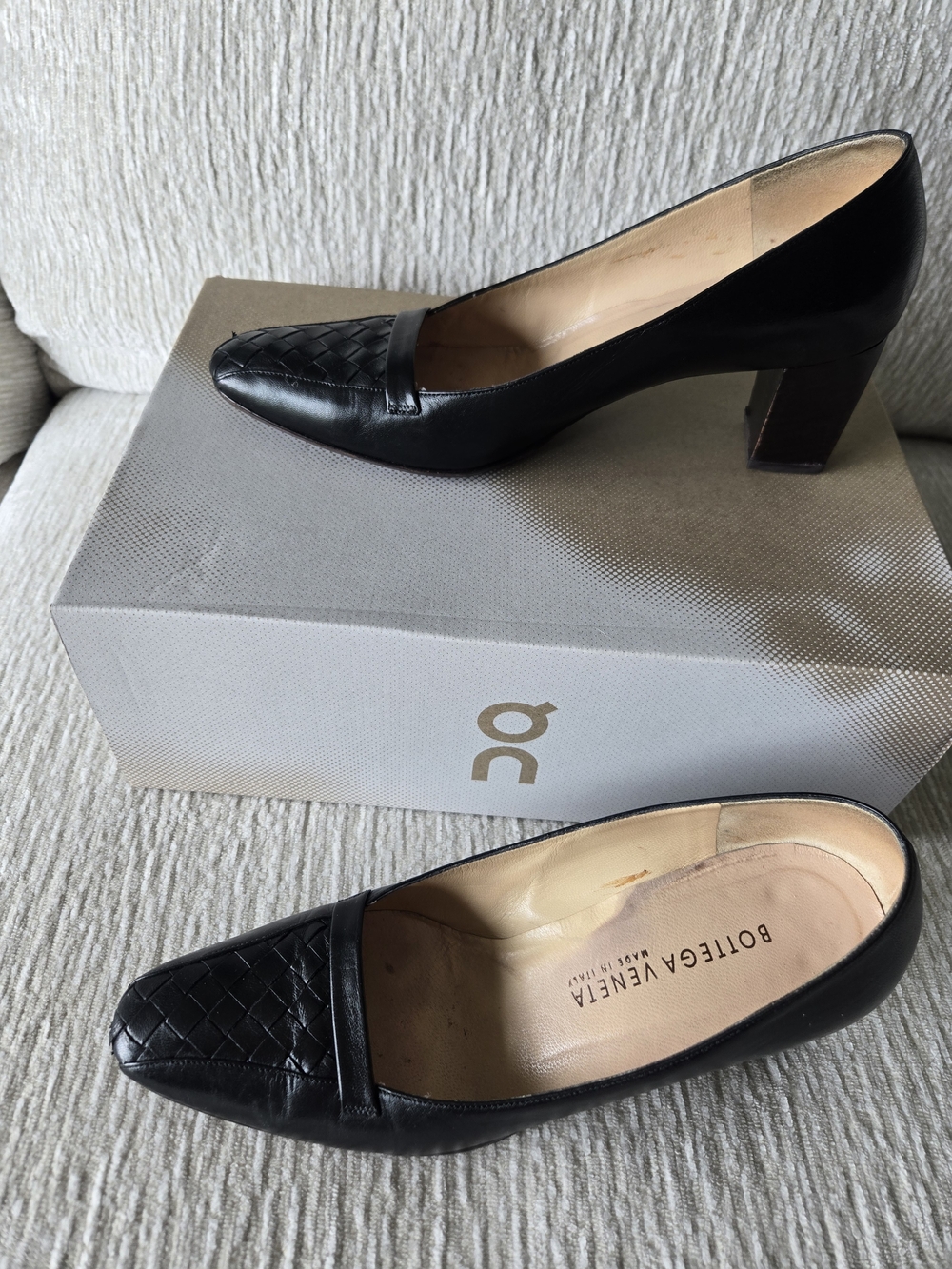 Bottega Veneta Black Woven Leather Mid Block Heel Pumps